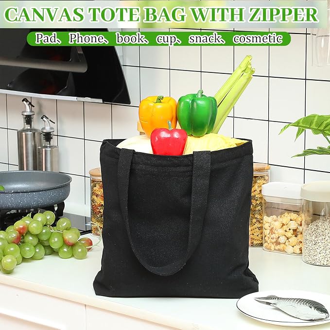 Silkfly 30 Pcs Canvas Tote Bags Bulk 16.5x13.4'' Blank Cotton Canvas Bag with Zipper Handles Reusable Plain Grocery Makeup Handbag for DIY(Black) - Image 6