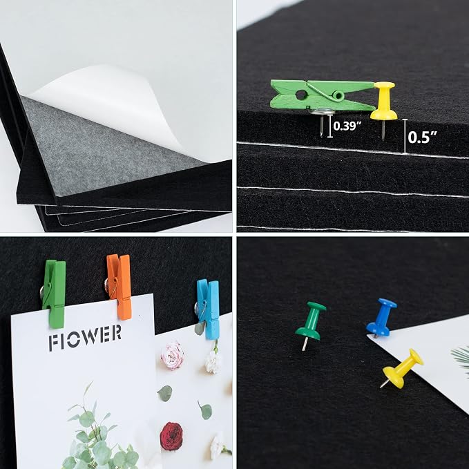 AKTOP Cork Board Bulletin Board 12x12, 1/2" Thick Felt Cork Board Tiles 6 Pack, Small Square Pin Board for Wall, Self Adhesive Corkboards with 60 Push Pin Wood Clips for School, Home & Office, Black - Image 5