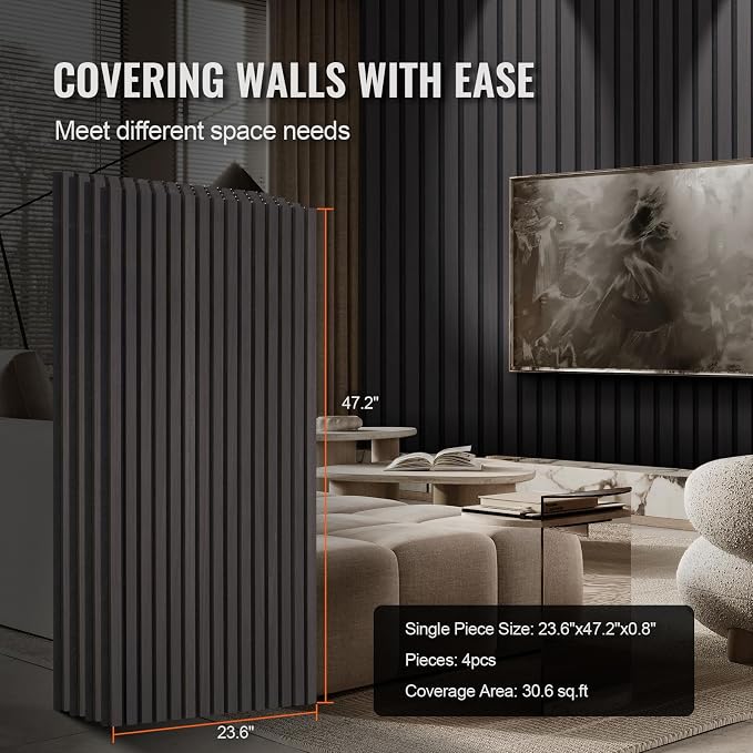 VEVOR Wood Slat Acoustic Panels, 23.6 x 47.2 inch, 4 Pcs MDF Accent Wooden Wall Panels for Modern Interior Wall Decor, Faux Wood Wall Board Panels for Noise Reduction, Black Oak - Image 6