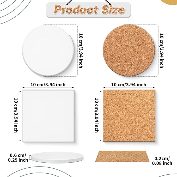 Zopeal 24 Pcs Ceramic Tiles for Crafts Coasters Include Unglazed White Ceramic Tiles with Cork Backing Pads Use with Alcohol Ink Acrylic Pouring for DIY Project Gift (Square,Round) - Image 2
