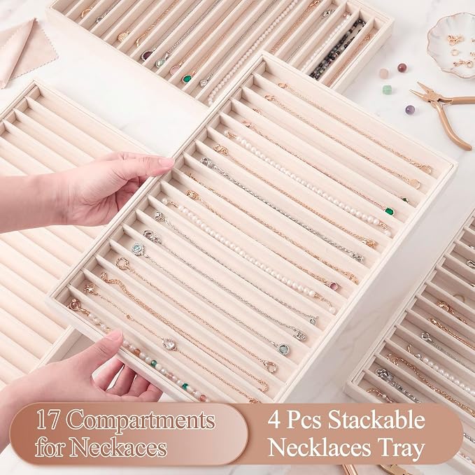 Cinnvoice 4 Pcs Large Stackable Necklace Organizer Tray 17 Grids Velvet Necklace Display Tray Stackable Jewelry Organizer Trays for Drawer Display for Selling Necklaces Bracelet Bangle Showcase - Image 3