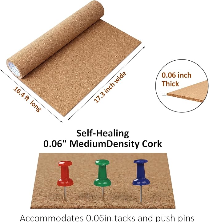 ReWallpaper Large Cork Board Roll 1.5mm Thick Self Adhesive Cork Boards for Wall Natural Corkboard Roll Peel and Stick Backing for Bulletin Board Decorations DIY Classroom Home Kitchen 17.3in x 16.5ft - Image 8