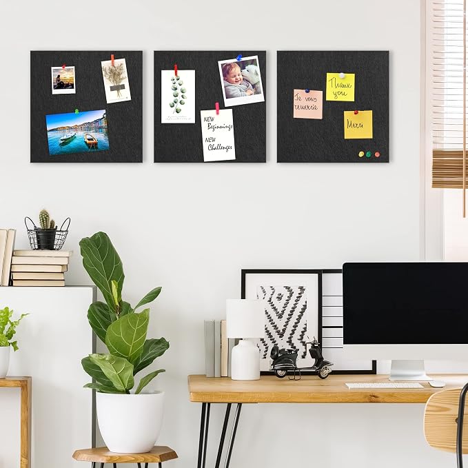 AKTOP Cork Board Bulletin Board 12x12, 1/2" Thick Felt Cork Board Tiles 6 Pack, Small Square Pin Board for Wall, Self Adhesive Corkboards with 60 Push Pin Wood Clips for School, Home & Office, Black - Image 3