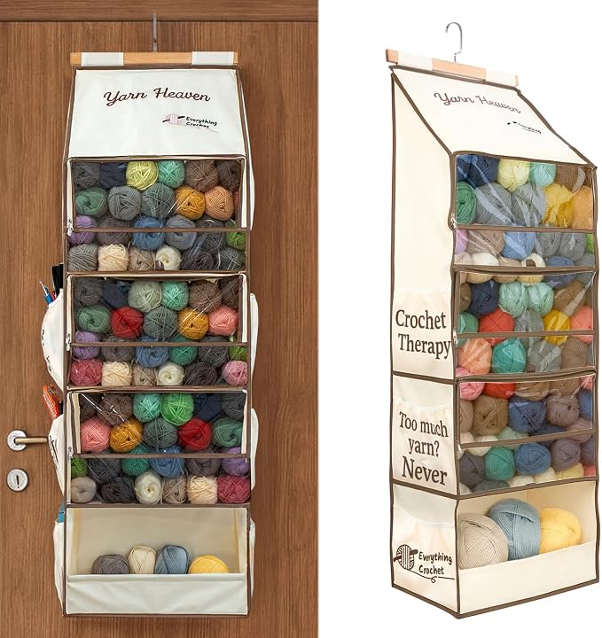 Everything Crochet Yarn Heaven Storage Organizer – Over The Door & Closet Hanging Yarn Bag for Crochet & Knitting, Skein Holder Holds 200+ Skeins with Clear Pockets for Yarn Stash, Hooks & Needles by EverythingCrochet