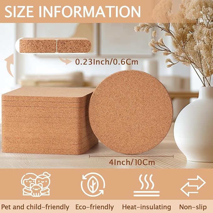 60 PCS Cork Coasters for Laser Engraving, Thick Absorbent Blank Coasters | 4 Inch Heat Resistant Coffee Table Coaster Bulk Plant Saucers Home Decor for Wood Burning, DIY Crafts, Wedding, Party - Image 2