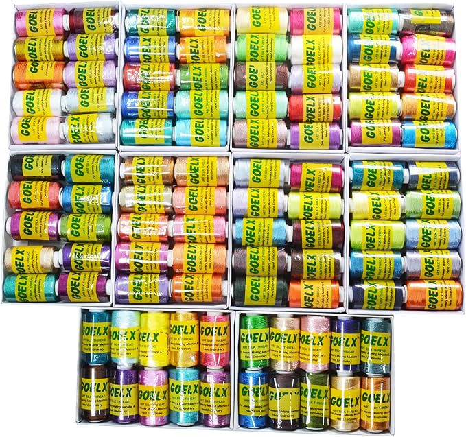 Goelx Silk Thread 100 Main Color Set for Jewelery-Tassel Making- Embroidery-Crafts, Shiny Soft Thread spools-100 Different Shades by GOELX