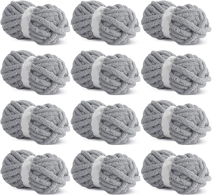 HOMBYS Light Grey Chunky Chenille Yarn for Crocheting, Bulky Thick Fluffy Yarn for Knitting,Super Bulky Chunky Yarn for Hand Knitting Blanket, Soft Plush Yarn, 12 Jumbo Pack (27yds,8 oz Each Skein) by HOMBYS
