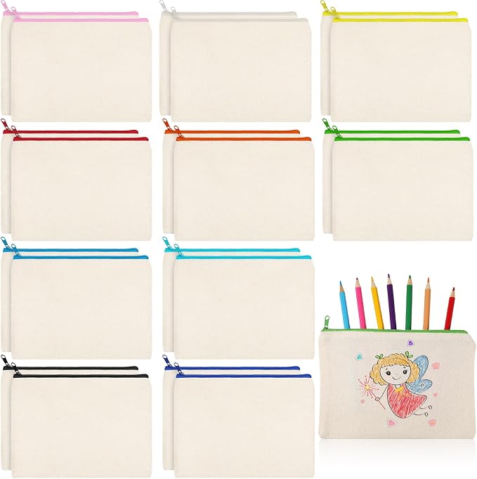 Shappy 20 Pcs Canvas Zipper Pouch Bags Pencil Pouch Bulk Canvas Makeup Bags Blank Pencil Case Cotton Cosmetic Case for Travel DIY Craft (7.87 x 5.70 Inches,M) by Shappy