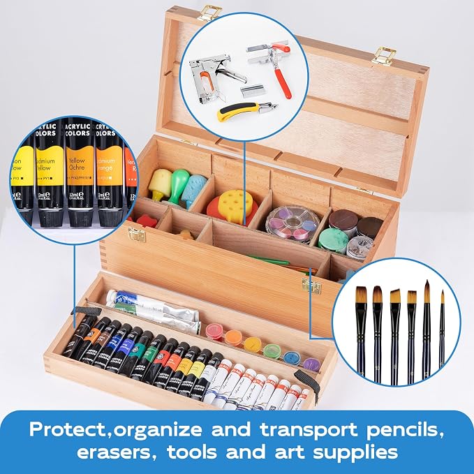 Large Solid Beechwood Art Supply Storage Box | Artist Storage Organizer with Drawer for Paintbrushes, Paints, and Pastels - Image 5