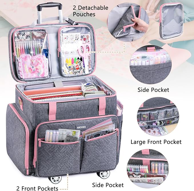 AMOIGEE Rolling Tote Bag with Wheels and Handle, Sewing Machine Case, Craft Organizer Tote for Scrapbooking Storage, Teacher Rolling Bag, Craft Supply Storage, Art Bag, Rolling Cart for Teachers - Image 4
