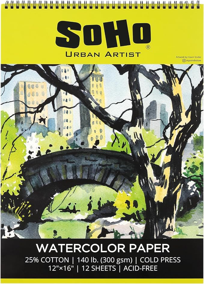 SoHo Urban Artist Watercolor Spiral Pad 12x16" - 140lb Cold Press Acid-Free, ECF, 12 Pages by SoHo+Urban+Artist