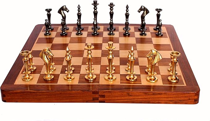 StonKraft 14" X 14" Collectible Wooden Folding Chess Game Board Set+Brass Pieces (Delivery < 7 Days)