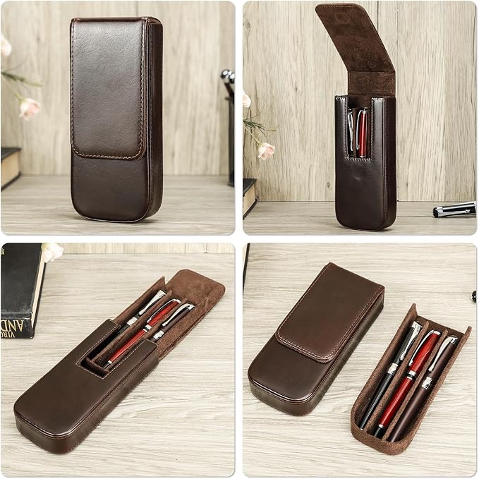 Top Grain Genuine Leather 3 Pen/Pencil Tray Case Holder, Minimalist Fashion Design, Handmade, Magnetic Closing with Drawer Design, Gift Choice for Man/Woman/Office, Glossy Coffee, 3 Slots - Image 2