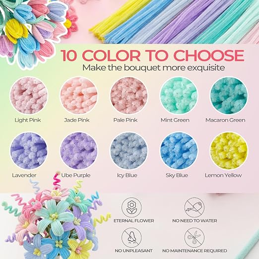 Libima 1000 Pcs Pipe Cleaners Bulk 10 Colors Chenille Stems Craft Supplies 12" Long Fuzzy Sticks 6 mm Teacher Welcome Back Gifts DIY Flower Kits for Art Bouquet Creative Activity Decor (Pastel) - Image 3