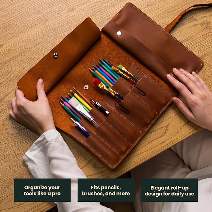 Handmade Artist Pencil Case for Adults Women, Leather Pencil Roll, Artist Gifts, Pencil Wrap Roll Up, Leather Paint Brush Case, Warm Brown - Image 3