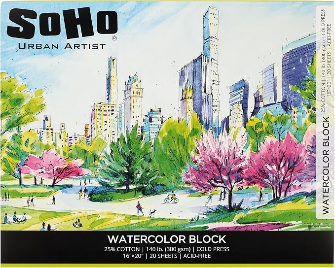 SoHo Urban Artist Watercolor Block 16x20-140lb 20 Sheets Cold Press, Professional, Sustainable, Acid-Free by SoHo+Urban+Artist
