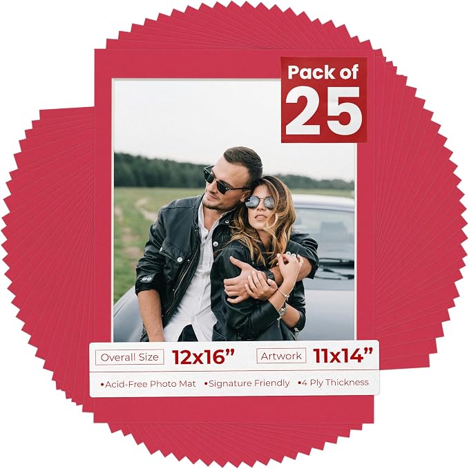 11x14 Mat for 12x16 Frame - Precut Mat Board Acid-Free Show Kit with Backing Board, and Clear Bags Deep Red 11x14 Photo Matte Made to Fit a 12x16 Picture Frame Matboard for Framing, Pack of 25 Mats by PosterPalooza