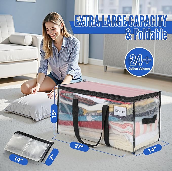BAGAIL Heavy Duty Moving Bags with Strong Handle, Extra Large Moving Boxes, Storage Tote for Clothes, College Moving Supplies(Clear, 6 Pack) - Image 2