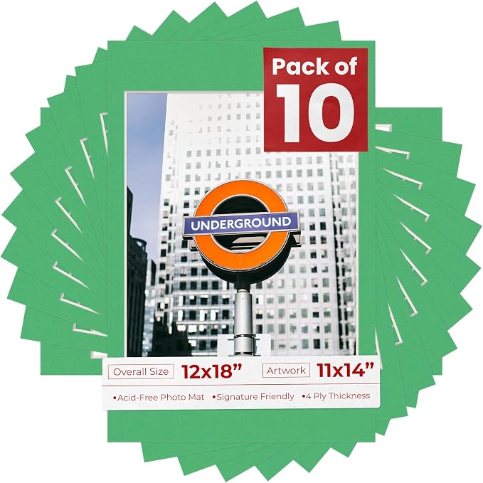 11x14 Mat for 12x18 Frame - Precut Mat Board Acid-Free Show Kit with Backing Board, and Clear Bags Bright Green 11x14 Photo Matte For a 12x18 Picture Frame Matboard for Framing, Pack of 10 Mats by PosterPalooza