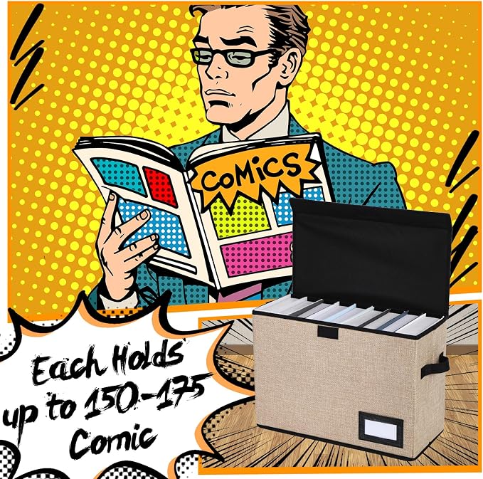 Chuangdi 6 Pcs Comic Book Storage Boxes,Beige | Back to School Collapsible Comic Short Box Case with Lid, 15.8 x 7.9 x 11.4 Inch Book Bin Container Holds 150 Comics - Image 4