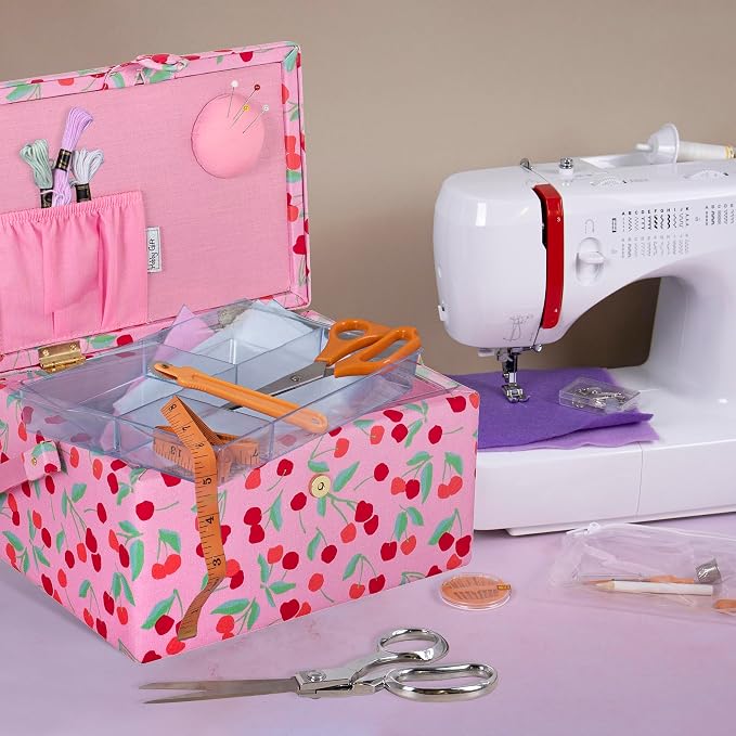 Hobby Gift Medium Sewing Box Organiser | Fabric Covered Storage Box, Handle, Internal Tray, Pin Cushion and Pocket, For Sewing, Quilting and Knitting Supplies - Image 7