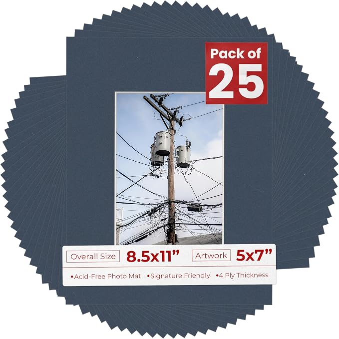 5x7 Mat for 8.5x11 Frame - Precut Mat Board Acid-Free Navy 5x7 Photo Matte Made to Fit a 8.5x11 Picture Frame, Premium Matboard for Family Photos, Show Kits, Art, Picture Framing, Pack of 25 Mats by PosterPalooza