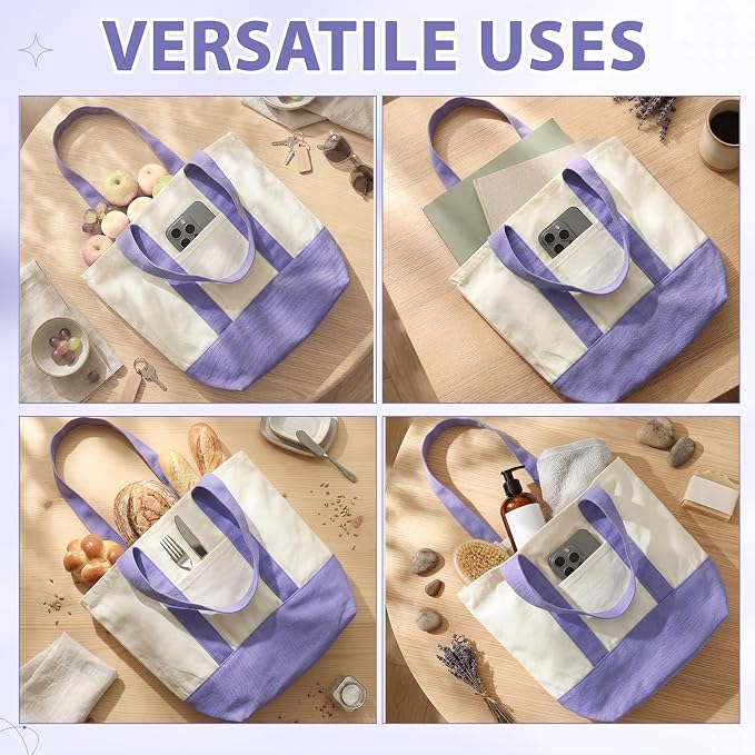 Sanwuta 12 Pcs Mini Canvas Tote Bags Bulk with Pocket Small Sublimation Blank Canvas Tote Reusable Grocery Bag for Women, DIY Craft (Light Purple) - Image 5