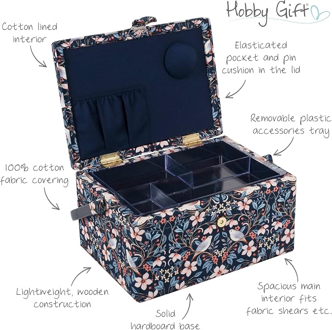 Hobby Gift Medium Sewing Box Organiser, Fabric Covered Storage Box with Handle, Internal Tray, Pin Cushion and Pocket for Sewing, Quilting and Knitting Supplies - Image 4