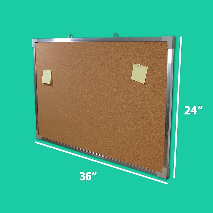 Flipside Products 24" x 36" (2' x 3') Cork Bulletin Board, Silver Aluminum Framed, Message and Vision Board, Memo Pin, Hanging Wall Mounted - Image 3