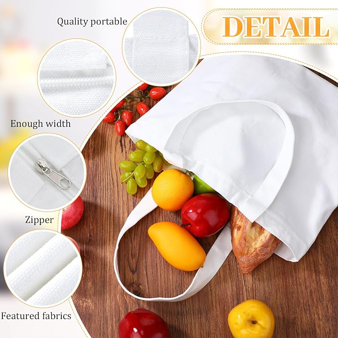 Silkfly 20 Pcs Canvas Tote Bags Bulk 16.5x13.4'' Blank Cotton Canvas Bag with Zipper Handles Reusable Plain Grocery Makeup Handbag for DIY(White) - Image 3