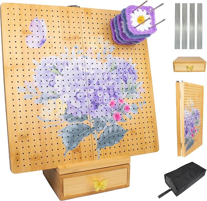 Crochet Cast Foldable 15” Bamboo Crochet Blocking Board + Stand and Drawer | 40 Stainless Steel Rods, Large Storage Bag, Anti‑Slip Feet, Thick Mat, High Quality Pegs, Two Compartments, Uniform Holes by Unknown
