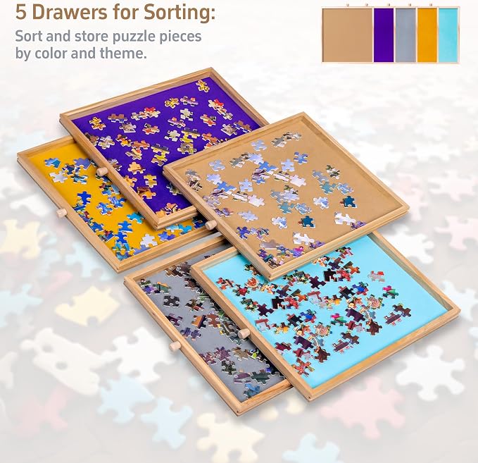 Lavievert 1500 Piece Tilting Puzzle Table with 5 Colored Drawers & Cover | Multiple Adjustable Tilt Angles, Space-Saving Design, Portable Wooden Board Jigsaw Table with Storage & Legs for Adults - Image 3