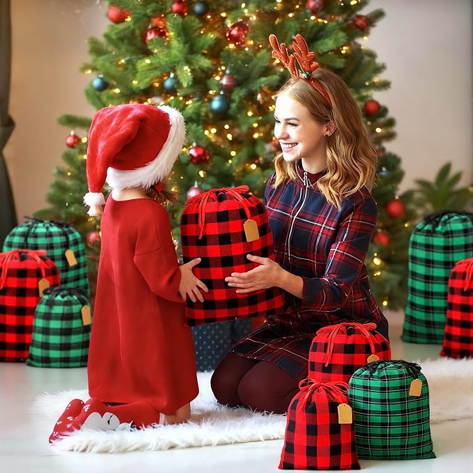 SilTriangle 20 Pcs Buffalo Plaid Christmas Drawstrings Gift Bags Reusable Fabric Christmas Bags Holiday Cotton Bag with Tag Assorted Sizes Holiday Present Bag for Gift Wrapping Storage - Image 6