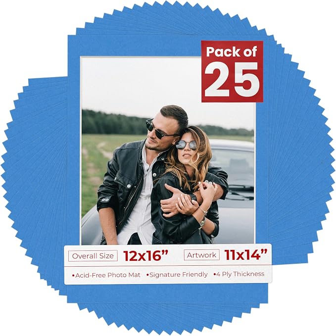 11x14 Mat for 12x16 Frame - Precut Mat Board Acid-Free Bay Blue 11x14 Photo Matte For a 12x16 Picture Frame, Premium Matboard for Family Photos, Show Kits, Art, Picture Framing, Pack of 25 Mats by PosterPalooza