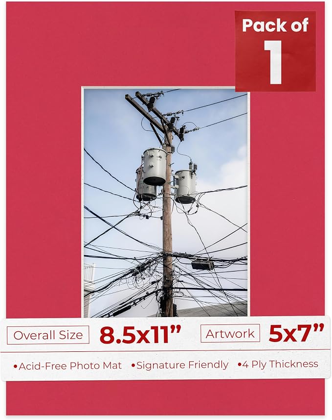 5x7 Mat for 8.5x11 Frame - Precut Mat Board Acid-Free Show Kit with Backing Board, and Clear Bags Deep Red 5x7 Photo Matte Made to Fit a 8.5x11 Picture Frame Matboard for Framing, Pack of 1 Mat by PosterPalooza