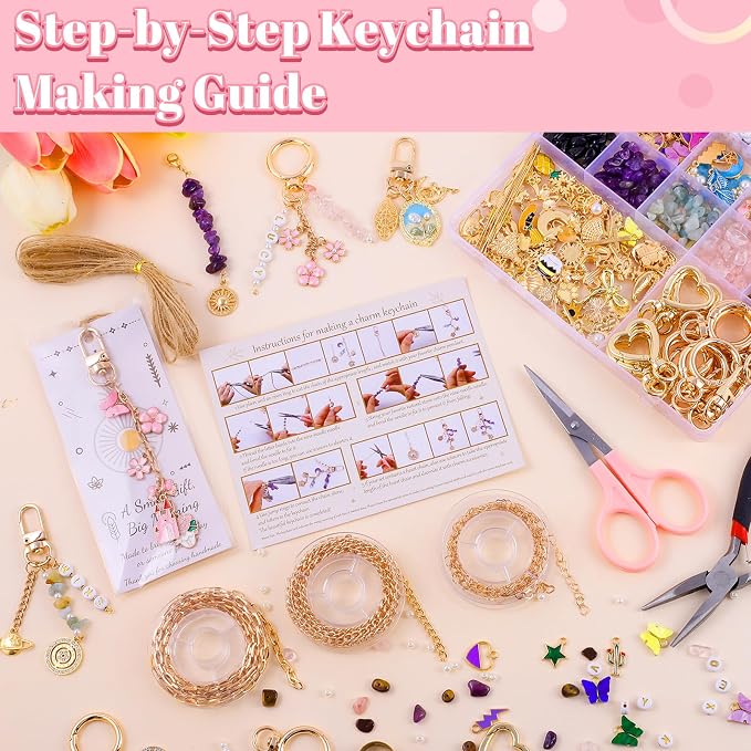 907 Pcs Lipgloss Keychain Making Kit,Bag Charm Kit with Crystal Stone | with 5 Colors Crystal Stones,Charms,Key Rings,Clips,Pliers,Letter Beads,Manual,Gift Bag,Extender Chain for DIY Crafting - Image 5