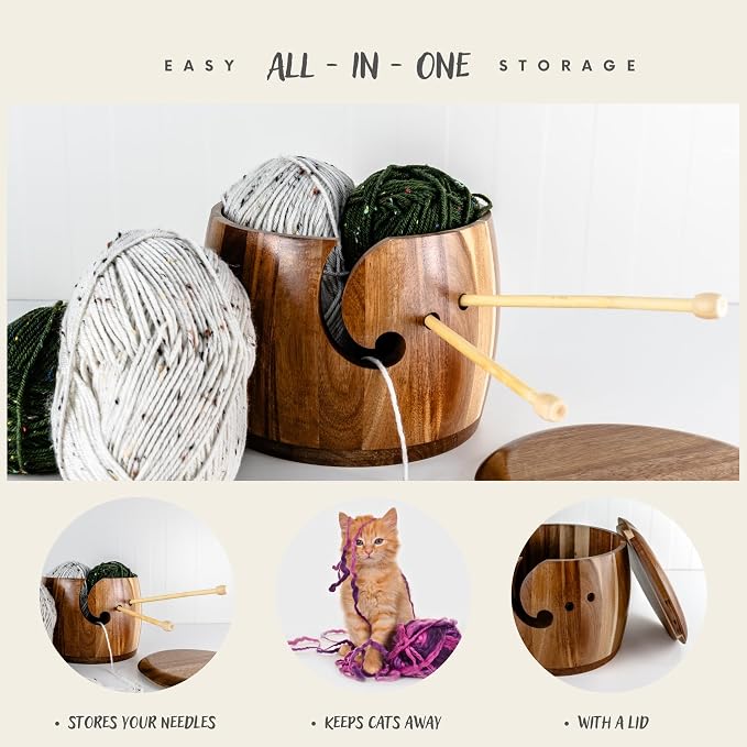 Tyck Design's Large Wooden Yarn Bowl with Lid - 9x7 Inch XL Acacia Wood Holder for Knitting, Crocheting & Macrame - Extra Big & Strong Yarn Storage - Image 5