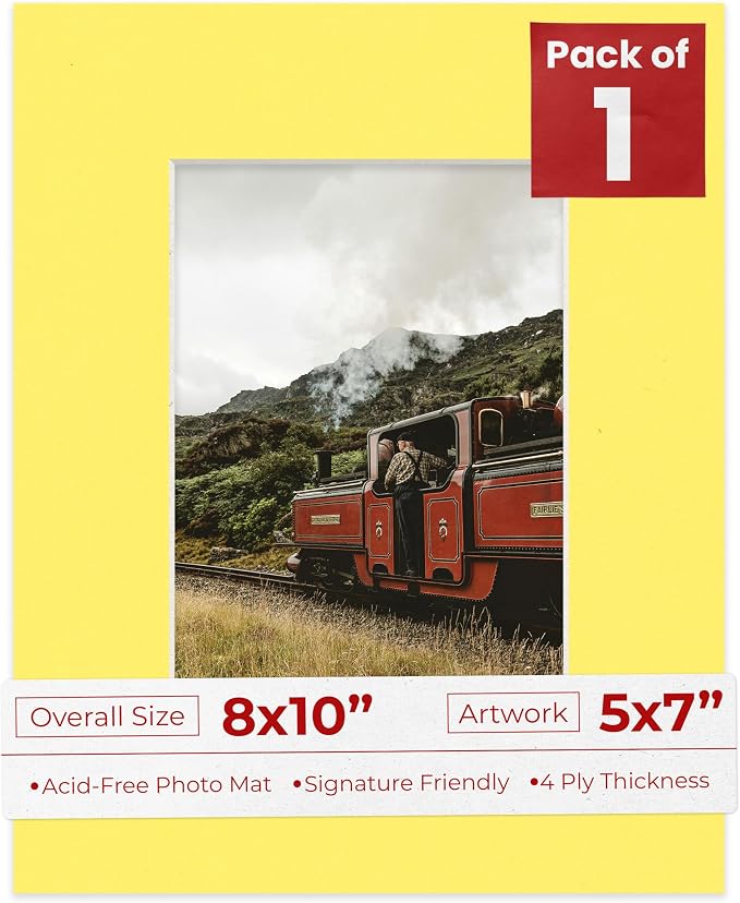 5x7 Mat for 8x10 Frame - Precut Mat Board Acid-Free Yellow 5x7 Photo Matte Made to Fit a 8x10 Picture Frame, Premium Matboard for Family Photos, Show Kits, Art, Picture Framing, Pack of 1 Mat by PosterPalooza