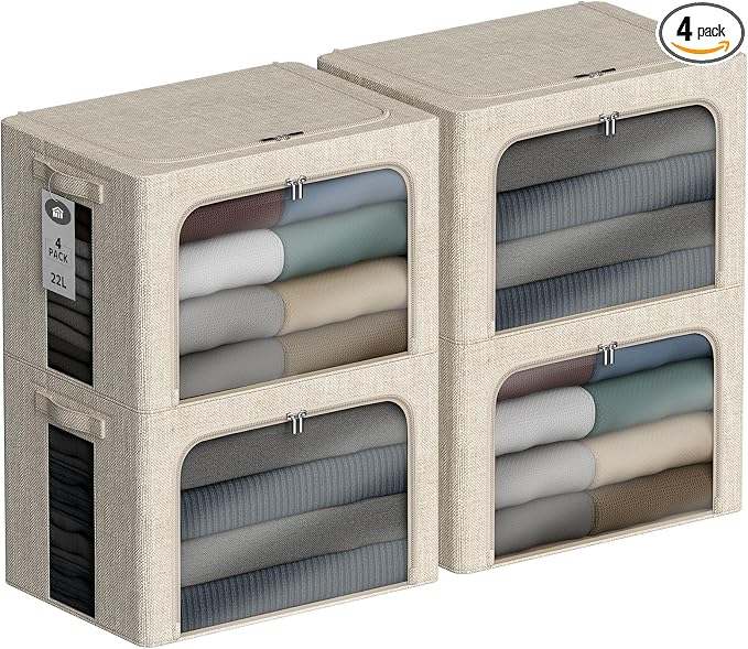 4 Pack Clothes Storage Bins with Metal Frame - 22L Stackable Storage Box with Lid，Foldable Storage Container Organizer for Clothes，Linen Fabric Storage Box with Clear Window＆Zippers＆Handles by Chizjox