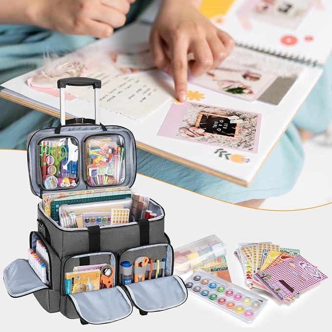 Rolling Scrapbook Bag, Craft Tote with Wheels for Paper, Ablum, Gray | Crafts Supplies Tote with Wheels, with 2 detachable zipper pouches, Removable Bottom Board, Shoulder Straps, Large Capacity - Image 8
