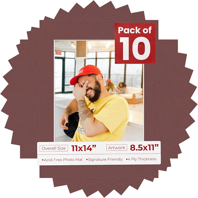 8.5x11 Mat for 11x14 Frame - Precut Mat Board Acid-Free Maroon 8.5x11 Photo Matte For a 11x14 Picture Frame, Premium Matboard for Family Photos, Show Kits, Art, Picture Framing, Pack of 10 Mats by PosterPalooza