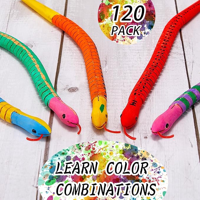 BBTO 120 Pieces Wooden Snake Unfinished Wooden Wiggly Snake Jointed Flexible Wooden Snake with 12 Colors Acrylic Craft Paint and Paint Brush for Arts and Crafts Halloween Party Decoration - Image 5