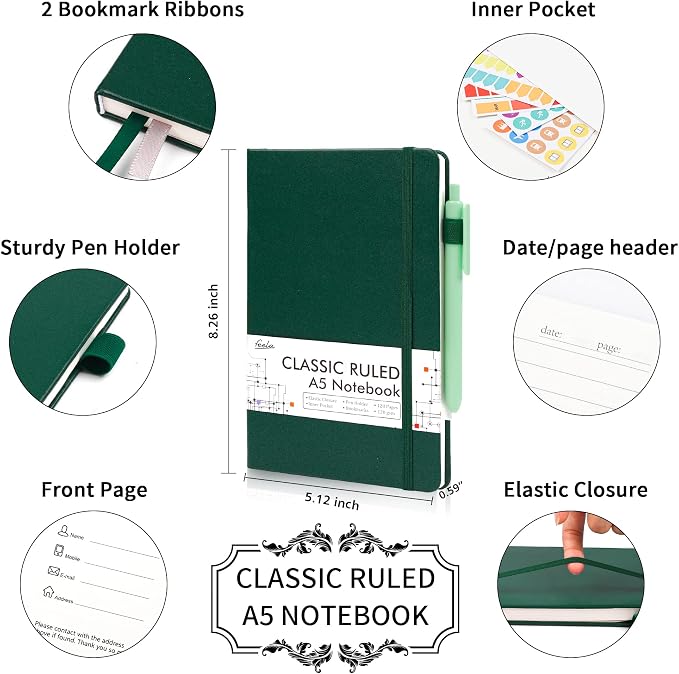 feela 24 Pack Journal Notebook for Work, Business Notebook Bulk Hardcover Lined Writing Journal with Pen Holder for Men Women Note Taking, with 24 Black Pens, 120 GSM, 5.1”x8.3”, A5, Dark Green - Image 2