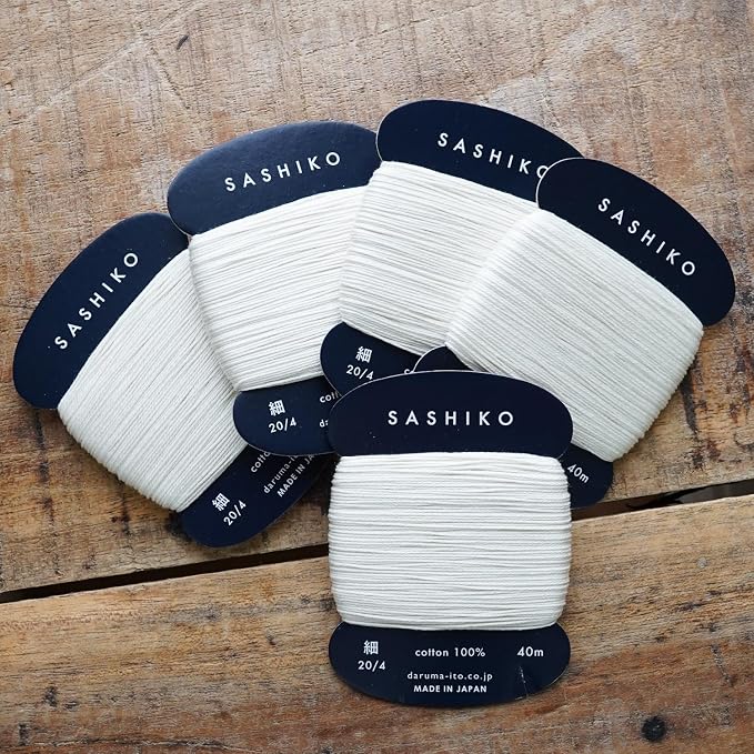 Sashiko kit, Daruma Sashiko Thread, Needles and Cotton Fabric with Grid Line Print, Marking Pencil, Thimblem and Traditional Design Sewing Set (Unbleached Thread/Navy Fabric) - Image 2