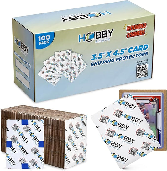 100 Pack Trading Card Shipping Protector by Hobby Armor, 3.5" x 4.5" with Rounded Corners, Vibrant Multi-Color Card Protector to Guard Cards From Dings, Premium Lightweight Cardboard Shipping Supplies