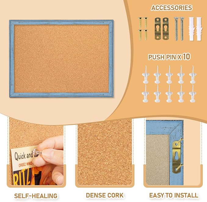 DOLLAR BOSS Cork Boards for Walls, 36 X 24 Inches Bulletin Board Decorative Hanging Pin Board Rustic Wooden Frame Vision Board Notice Board for Office Home Decor, Blue - Image 2
