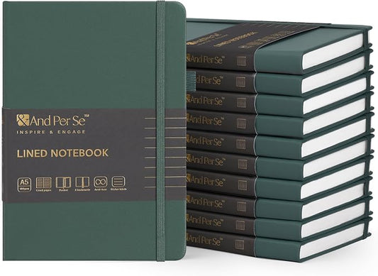 &And Per Se 10-Pack Lined Notebooks, A5 Hardcover, 160 Pages 100gsm Thick Paper, Office Supply Bulk Order, Corporate New Hire Kits, Breakroom Essentials – College Ruled, 10 Units (Green) by AndPerSe
