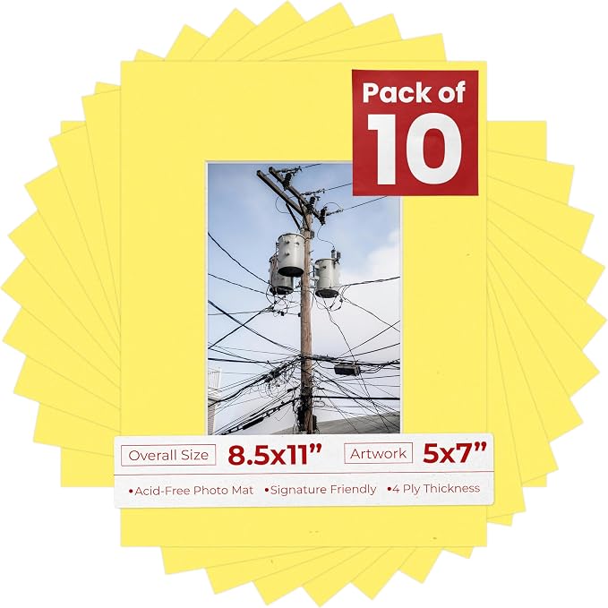 5x7 Mat for 8.5x11 Frame - Precut Mat Board Acid-Free Show Kit with Backing Board, and Clear Bags Yellow 5x7 Photo Matte Made to Fit a 8.5x11 Picture Frame Matboard for Framing, Pack of 10 Mats by PosterPalooza