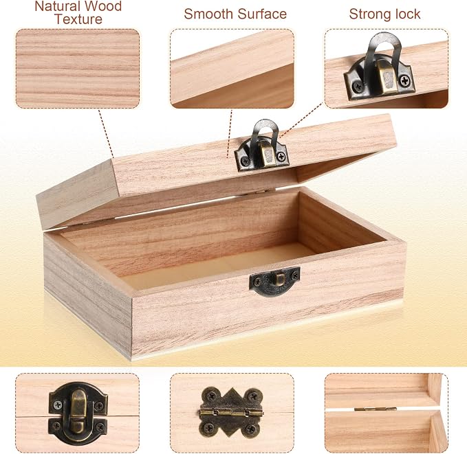 Yookeer 16 Pieces Unfinished Wooden Boxes with Hinged Lid Bulk Wood Box for Crafts Rectangle Keepsake Front Clasp Wooden Storage for Crafts Paint DIY Hobby Jewelry Arts, 6 x 3.7 x 2 Inch - Image 4