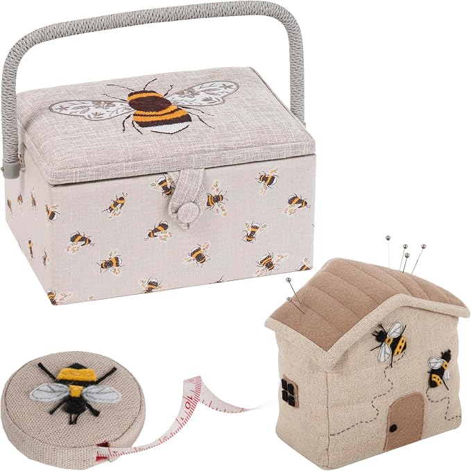 Hobby Gift Bee Sewing Gift Set with Fabric Sewing Box, Matching Pin Cushion and Tape Measure – Coordinated Sewing Accessories Bundle by HobbyGift